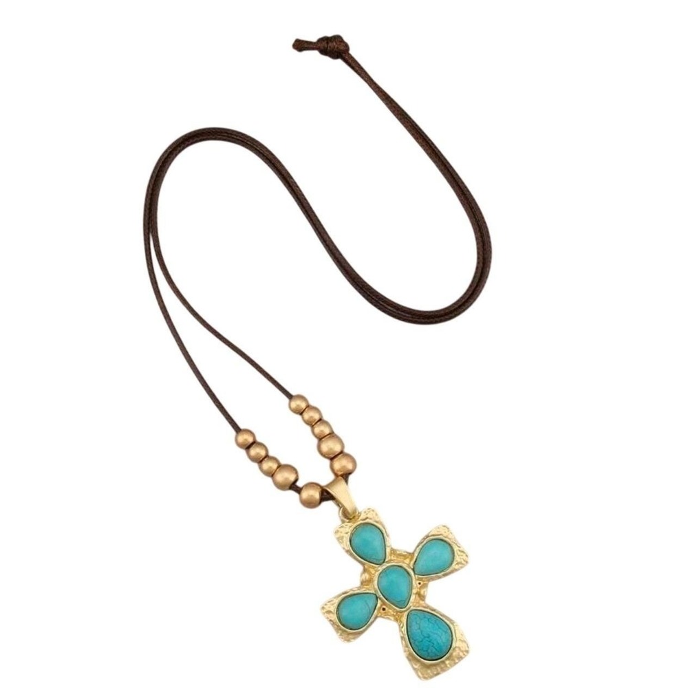 Boho Turquoise Cross Pendant Necklace Leather‎ Cord Adjustable Gold Tone